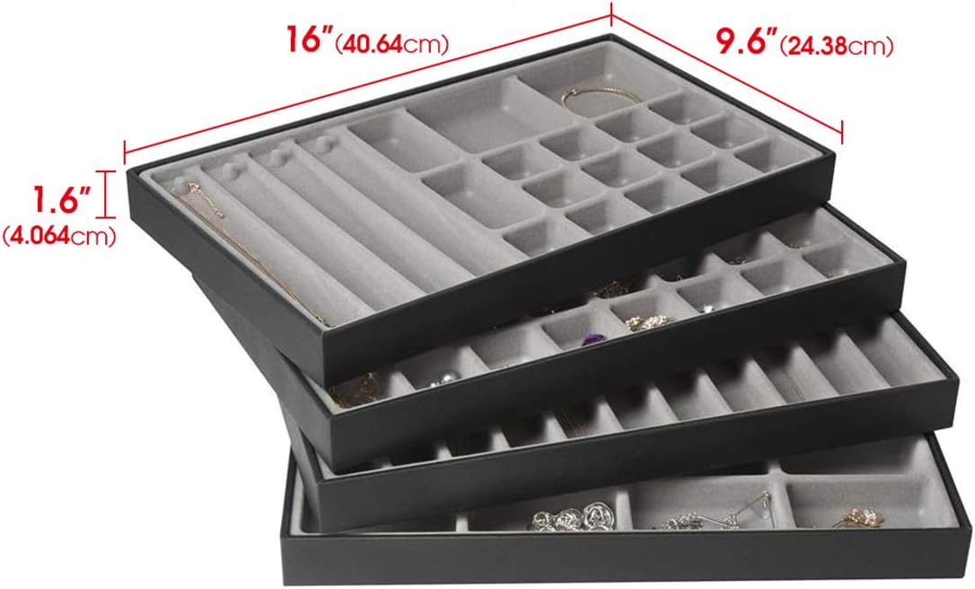 JackCubeDesign Stackable Synthetic Leather Jewelry Tray Earring Necklace Bracelet Ring Organizer Display Storage Box(Set of 4, Black, 16 x 9.6 x 1.6 inches for 1 unit)- :MK212-1ABCD: Home Improvement