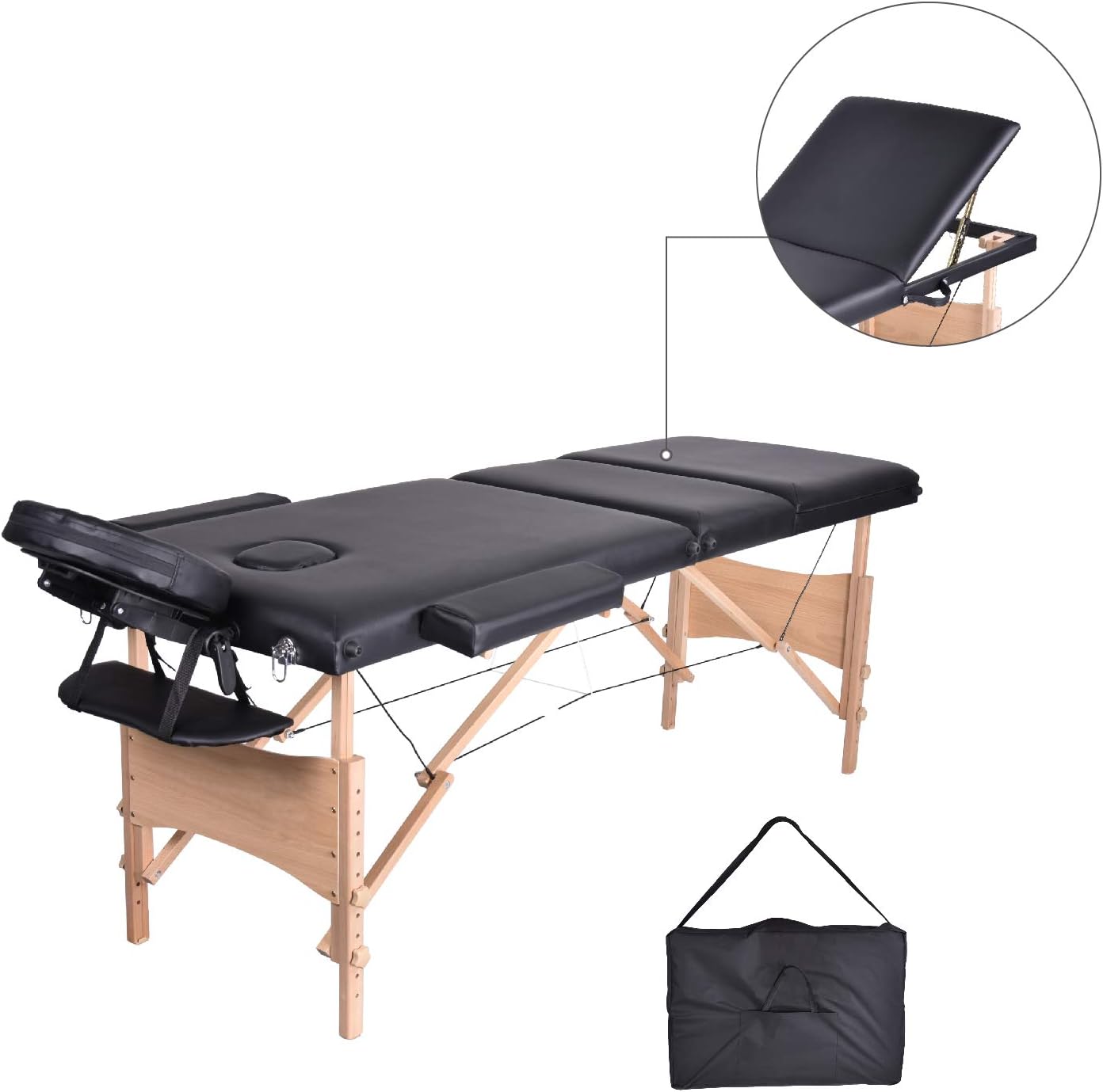 Mcdear Massage Table Wooden, Lightweight 3 Section Portable Massage Bed Spa Beauty Couch with Headrest, Arm Support, Black