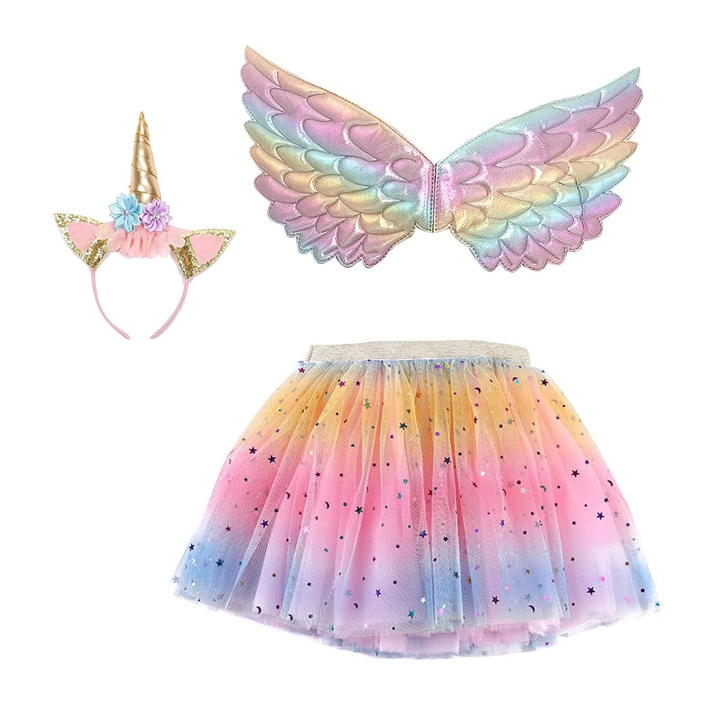 yeesn Girls Fairy Tutu Dress Costume With Unicorn Headband Wings Kids Halloween Party Cosplay Princess Dress Up for age 3-8years (D, one_size)