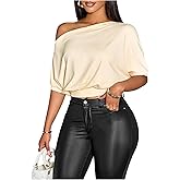SOLY HUX Women's Off The Shoulder Crop Top Asymmetrical Neck Business Casual T Shirts Office Outfit