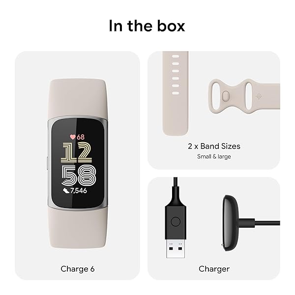 FITBIT CHARGE 6 FITNESS TRACKER WITH GOOGLE APPS, HEART RATE ON EXERCISE EQUIPMENT, 6-MONTHS PREMIUM MEMBERSHIP INCLUDED, GPS, HEALTH TOOLS AND MORE, PORCELAIN/SILVER, ONE SIZE (S & L BANDS INCLUDED)