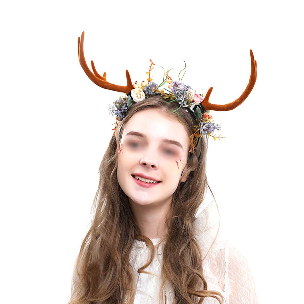 FRCOLOR Reindeer Anlter Headband Christmas Deer Anlter Hairband Elk Horn Flower Hair Hoops Fawn Ears Headpiece for Cosplay Party Hair Accessory