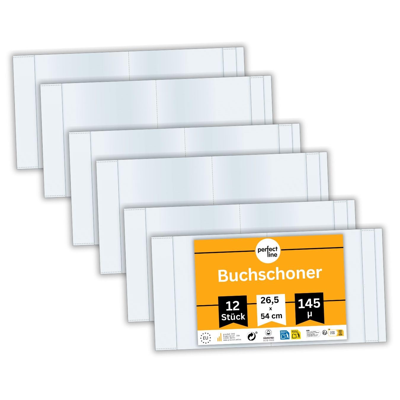 perfect line 12 x book covers, 26 cm height, school book cover, extra stable, made of polypropylene, book protector, crystal clear, transparent, wipe-clean, cover up to 54 cm wide, made in the EU