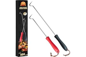 DUNFACK 2Pcs Food Flipper Turner Hooks Stainless Steel BBQ Meat Hooks Cooking Barbecue Turners Hooks Grill Accessories with Handle for Grilling & Smoking
