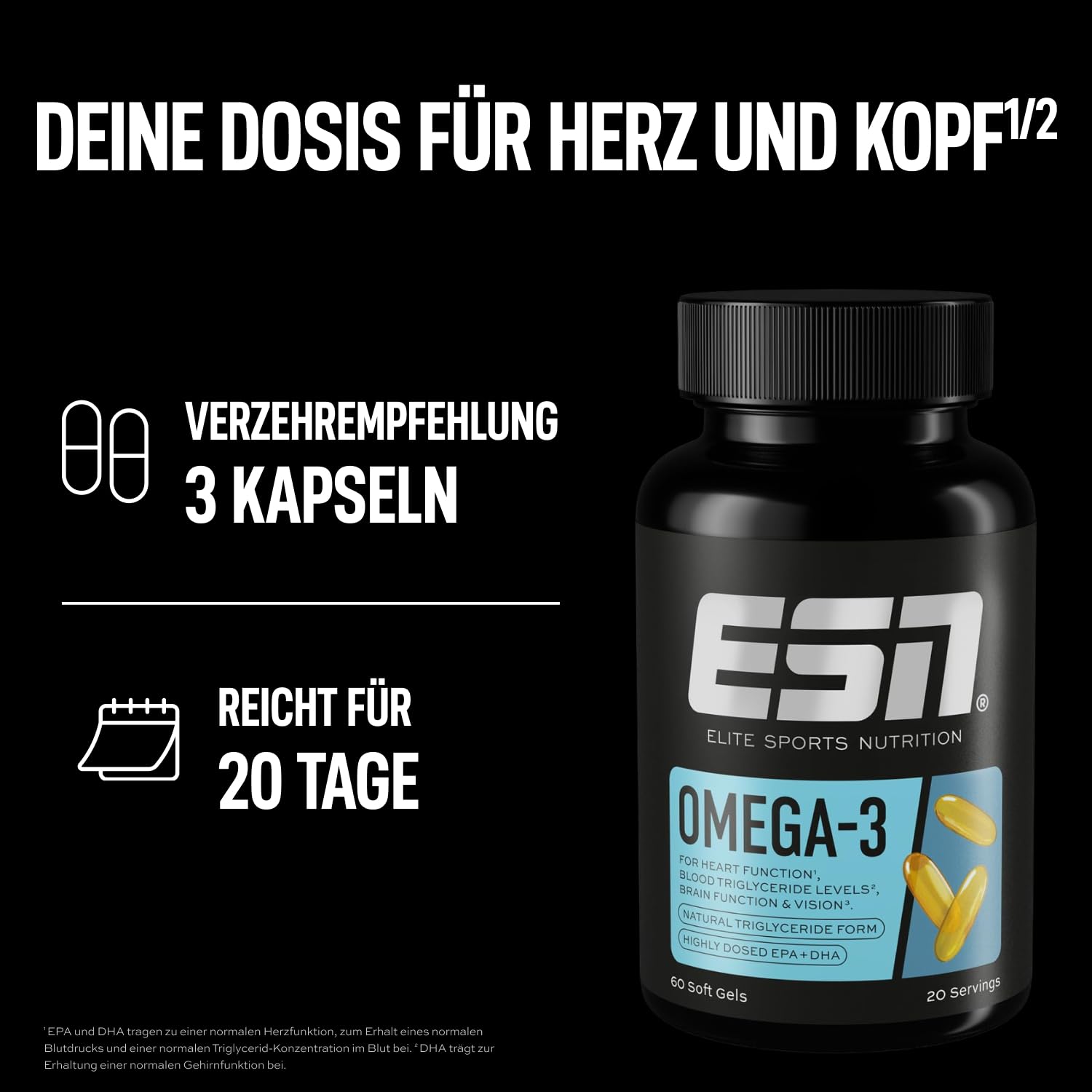 ESN Omega-3 - hochdosiert mit 1200 mg EPA und 900 mg DHA pro Tagesportion - ohne fischigen Nachgeschmack - getestet auf Schwermetalle - 60 Kapseln, 20 Portionen 6