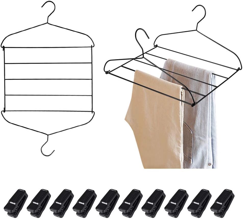 NUOSEM Pants Hangers, Space Saving Hangers - with 10 Clips Multi-Layer Non Slip Slack Hangers - Closet Organizer Swing Arm Jeans Trouser Hanger for Scarf Shock Towel Mens Clothes Hangers, Black 2pack