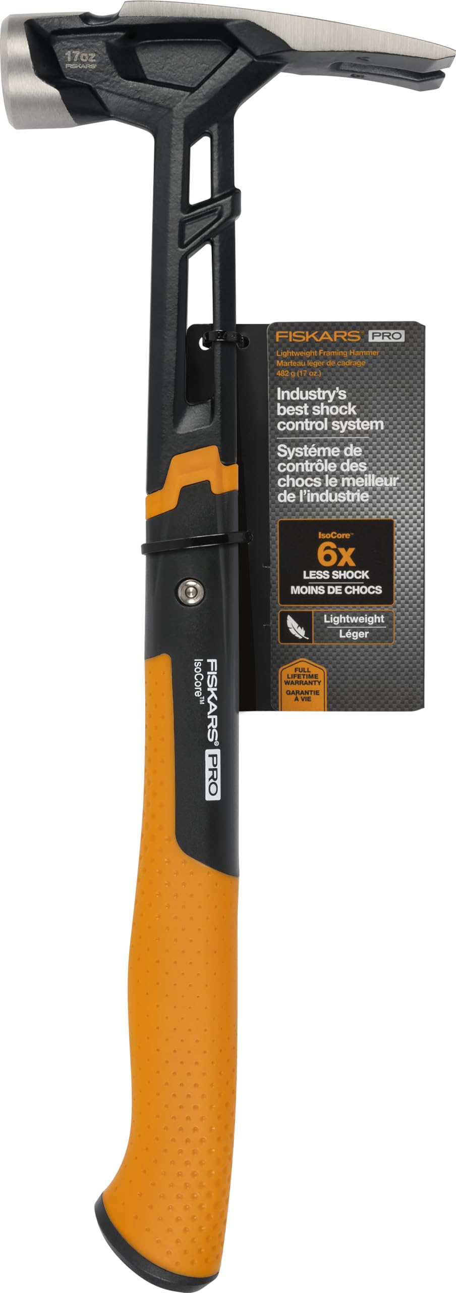 Fiskars Pro IsoCore 17 oz Framing Hammer (16") - with Rip Claw, Shock-Absorbing Grip, and Magnetic Nail Starter - Drive Large Nails into Tough Wood - Construction and Home Improvement Tools Image