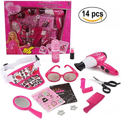 Vogue Beauty Toy Salon Pretend Play Set (14 pcs) with hair clips, straightener, toy lipstick, bottle, carrying bag and more!
