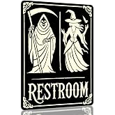 Halloween Bathroom Decor Sign – Grim Reaper & Witch Wall Art, Spooky Restroom Decor, Funny Gothic Metal Plaque 11x8.3 in, Occult, Witchy, Horror Home or Goth Bathroom Decor by Opix Design