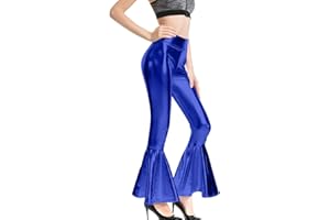 Womens Shiny Metallic Sequins High Waist Stretchy Bell Bottom Flared Pants, Wet Look Pants Club Wear