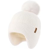 Camptrace Baby Toddler Winter Earflap Hat Fleece Lined Kid Pom Beanie | Ultra-Soft &amp; Skin-Friendly, Stretchy Fit Grows with Baby Girls Boys, Detachable Pom Pom, Extended Coverage for Ears
