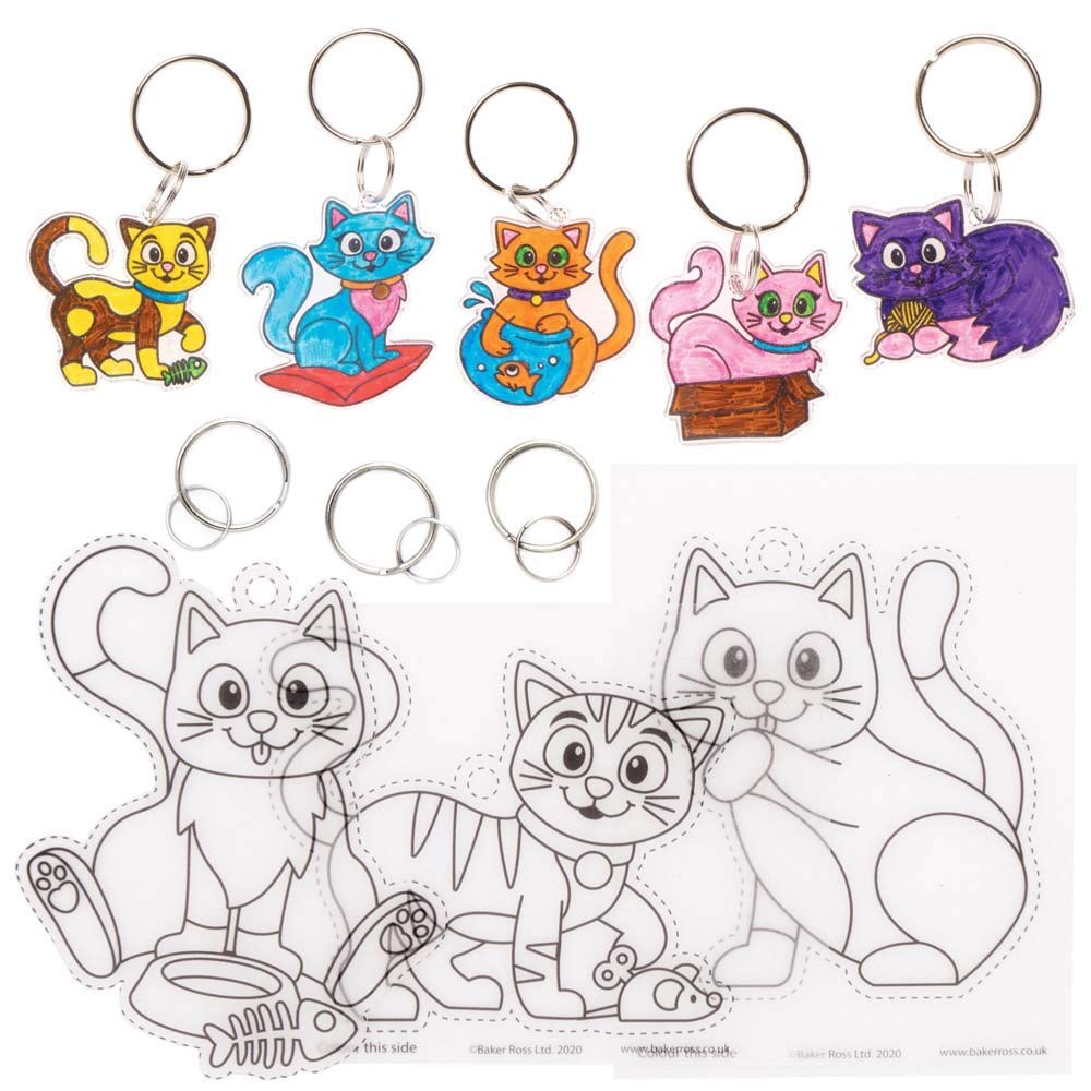 Baker Ross FE361 Cat Super Shrink Keyrings - Pack of 8, Keyrings for Crafts to Colour in, Make and Display, Make Your Own for Kids