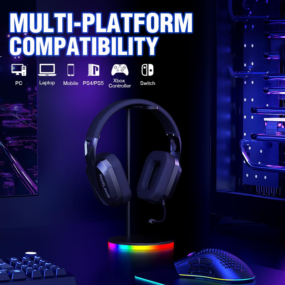 Wireless Gaming Headset for PC, PS5, PS4, Mac, Switch, Bluetooth Over-Ear Headphones with Detachable and Built-in Mics, Low Latency, Lightweight, 48H Battery, Noise Isolation - Black