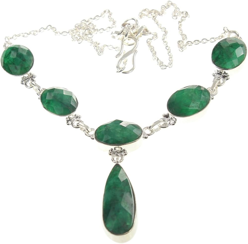 925 Sterling Silver Created EMERALD Necklace, 17 18.25" Jewelry