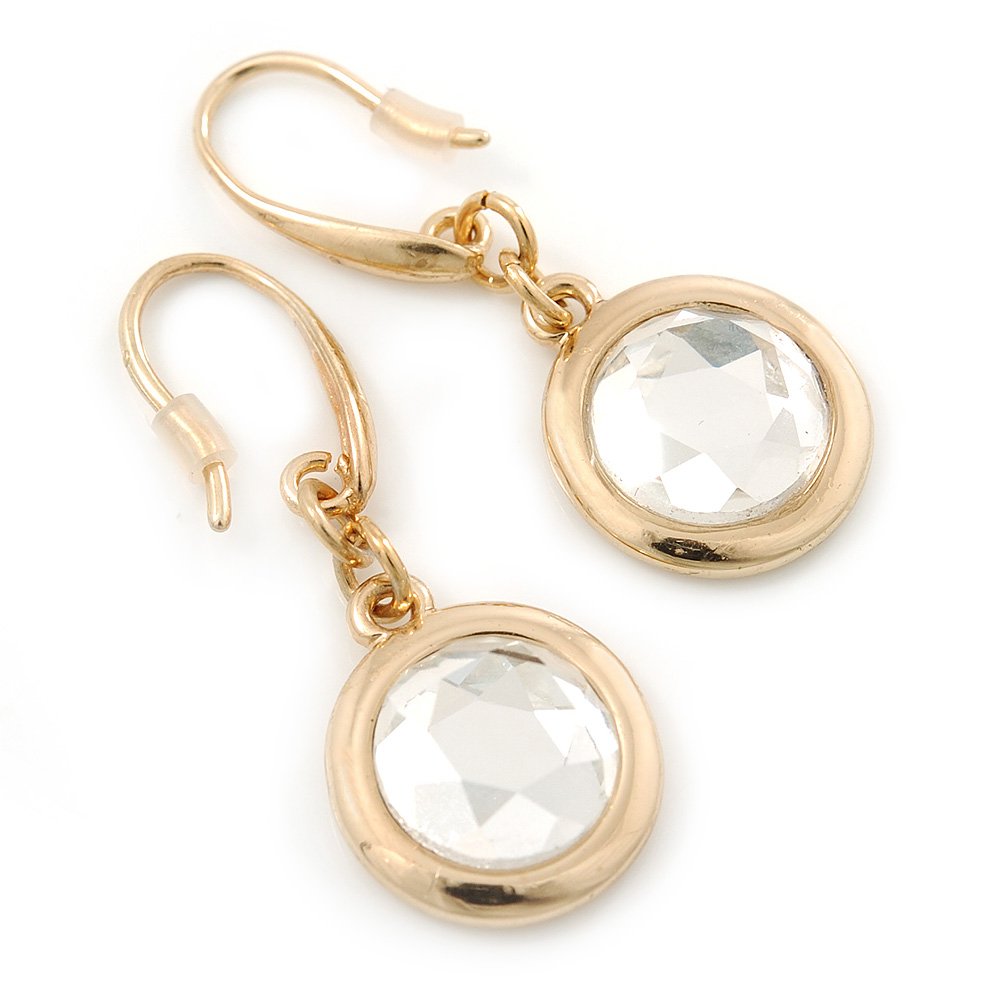 Crystal Round Coin Shape Drop Earrings/Gold Tone/ 30mm L