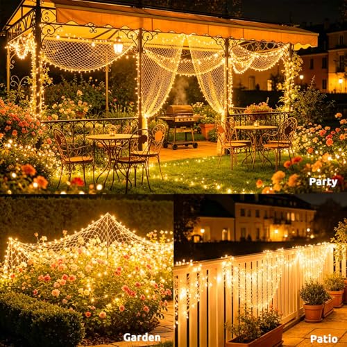 Joycome Outdoor Christmas Light Net 3 x 2 m 200 LED Net Lights with Plug, Timer, 8 Modes Christmas Tree Lights Waterproof Light Curtain for Balcony Garden Ceiling Terrace – Warm White