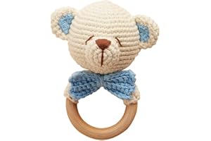 Chippi & Co Wooden Crochet Baby Rattle, Crochet Toys Stuffed Animals Easter Gifts for Kids, Wooden Newborn Toys, Unique Easter Basket Stuffers, Basket Filler, Baby Shower Decor (Huggy Baby Bear)