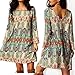 Women Bohemian Back V Neck Vintage Printed Ethnic Summer Shift Tunic Dress (S(For US0-2), green)