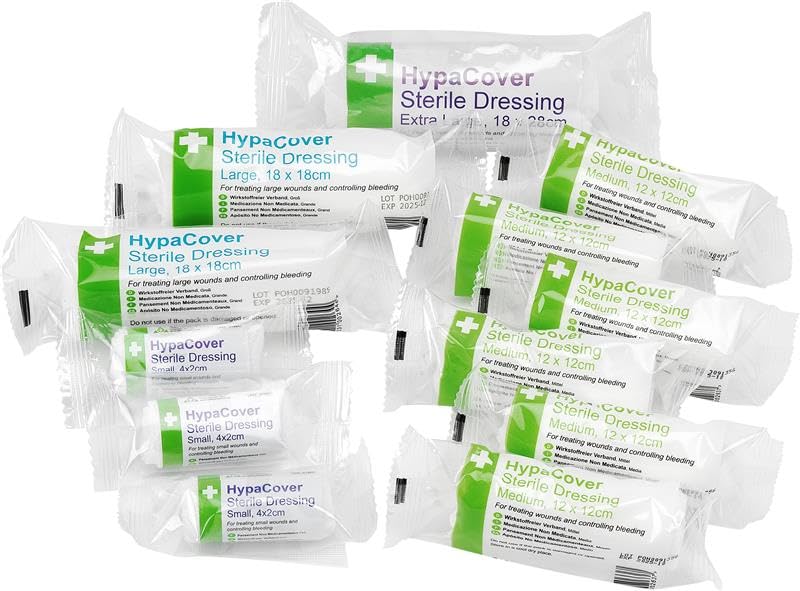 Safety First Aid Group HypaCover Sterile Wound Dressings, Assorted Pack of 12 - Bandages with Sterile Dressing Pad
