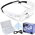 YOCTOSUN Head Magnifier Glasses with 3 LED Lights and Detachable Lenses 0.75X, 1.25X,2.0X, 3.0X and 4.0X, USB Charging Eyeglasses Magnifier, Magnifying Glasses with Light for Close Work Hobby Crafts