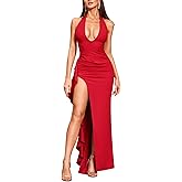 CurvySweet Sexy Deep V Neck Halter Bodycon Maxi Dress Ruffle High Split 2025 Fall Homecoming Wedding Guest Dresses for Women