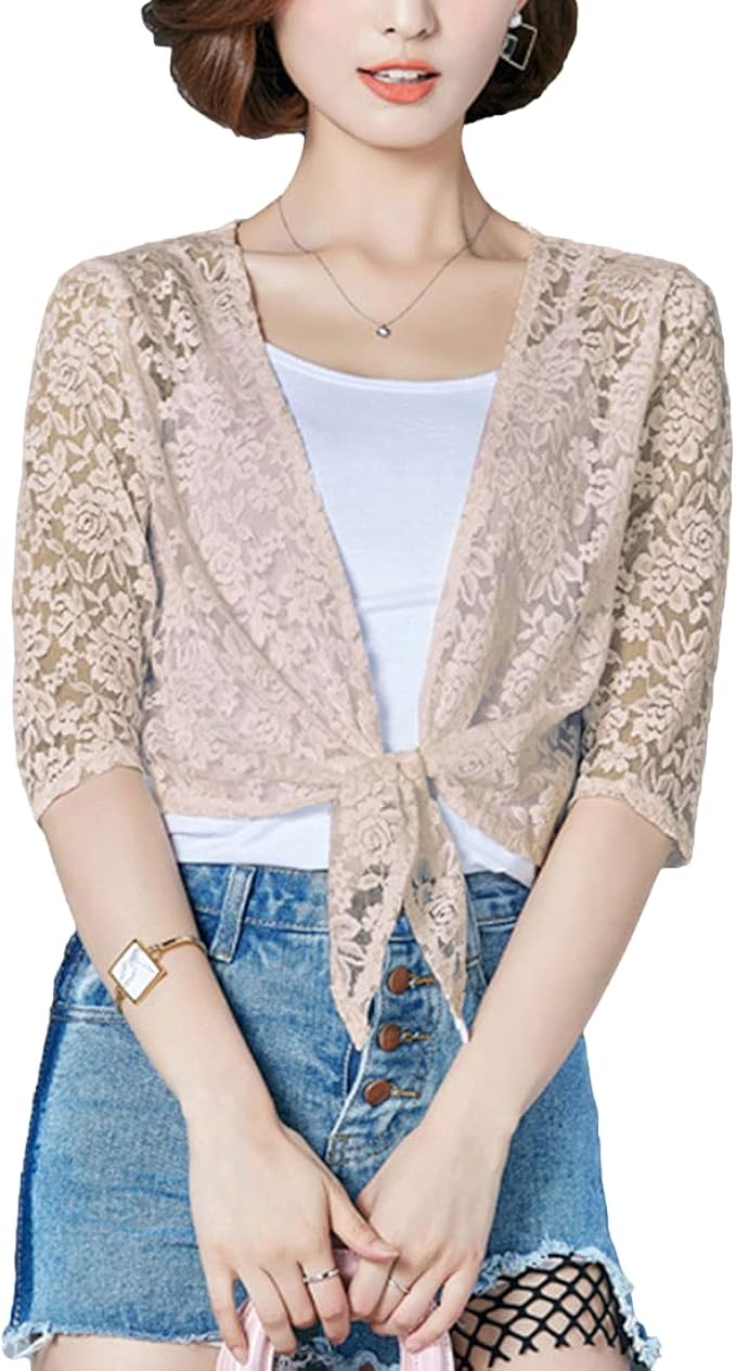 FindThy Women’s Floral Lace Tie Front Cardigan 3/4 Sleeve Cropped Shrug
