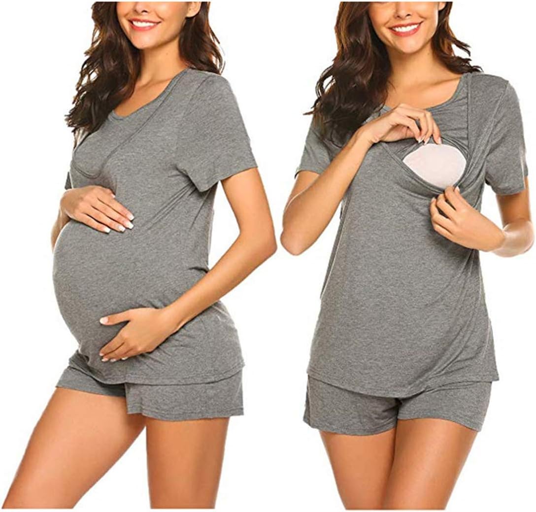 Maternity Nursing Hospital Set Sleepwear Pajamas Pregnancy Clothes Women Summer Breastfeeding Pyjamas Sleepsuits Nightwear Shirt and Shorts Pjs 2 Pieces