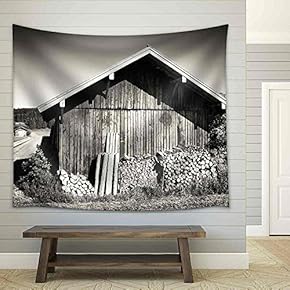 Old Stable and Firewood at a Meadow - Fabric Wall Tapestry Home Decor - 51x60 inches