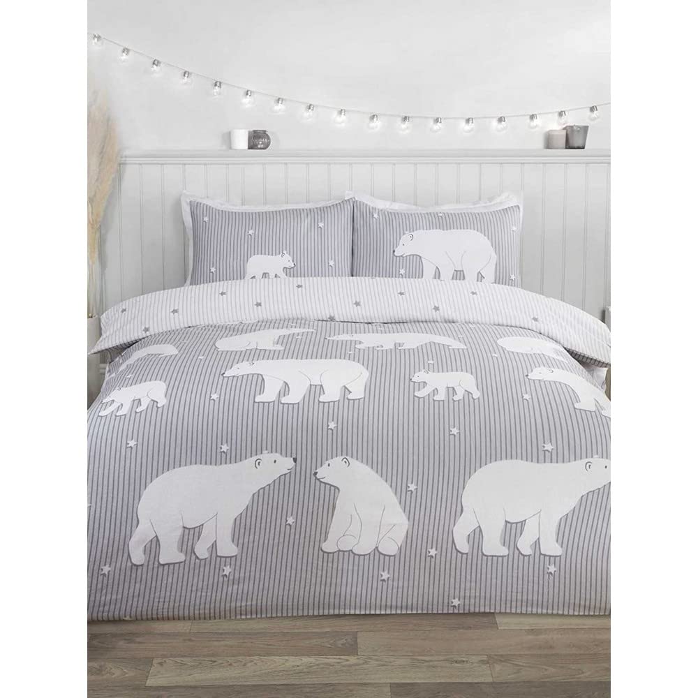 Rapport Polar Bear 100% Brushed Cotton King Size Duvet Cover Set Reversible Bedding Grey,124025837
