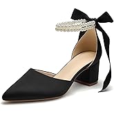 Women's Closed Toe Wedding Shoes Chunky Block Heels with Pearls Satin Pumps Ankle Strap Prom Evening Party Shoes