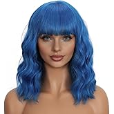 Mxayhnajxl Blue Wigs with Bangs for Women 14 Inch Short Wavy Bob Wigs With Bangs Synthetic Bob Wig Curly Wig Heat Resistant Colorful Wavy Wig Cosplay Wigs For Daily Party Halloween