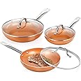 SHINEURI 6 Pieces Nonstick Copper Pans with Lid Copper Frying Pans Copper Nonstick Frying Pans Copper Pans with Lid Copper Sk