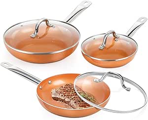 SHINEURI 6 Pieces Nonstick Copper Pans with Lid Copper Frying Pans Copper Nonstick Frying Pans Copper Pans with Lid Copper Skillets with Lid Ceramic Fry Pan Copper Pans for Cooking - 8 / 9.5 /11 inch