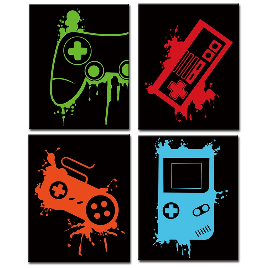 ANHUIB Video Game Art Print, Watercolor Gaming Themed Poster Set of 4 (8"x10",Unframed)-Perfect for Kids Boy Bedroom Decoration