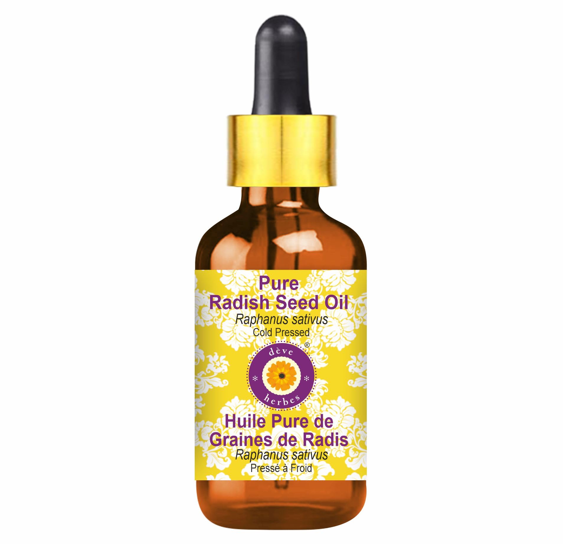 Deve Herbes Pure Radish Seed Oil (Raphanus sativus) Non-Sticky | Non-Greasy | For Skin, Hair, Massage & DIY Use 50ml with Glass Dropper