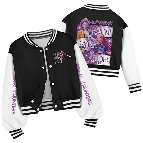 K Pop Demon Hunters Jacket for Boys and Girls, H-Huntrix Varsity Jacket for Kids and Teens Baseball Style Y2K Streetwear Anime Pattern Bomber Jackets