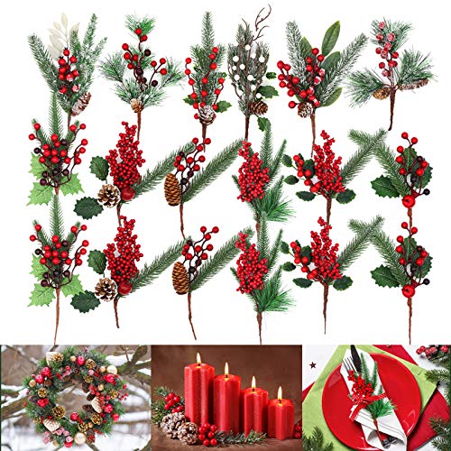 West Bay Christmas Picks, 18 Pack 12 Style Artificial Assorted Red Berry Picks Stems Faux Pine Picks Spray with Pinecones Apples Holly Leaves for Christmas Floral Arrangement
