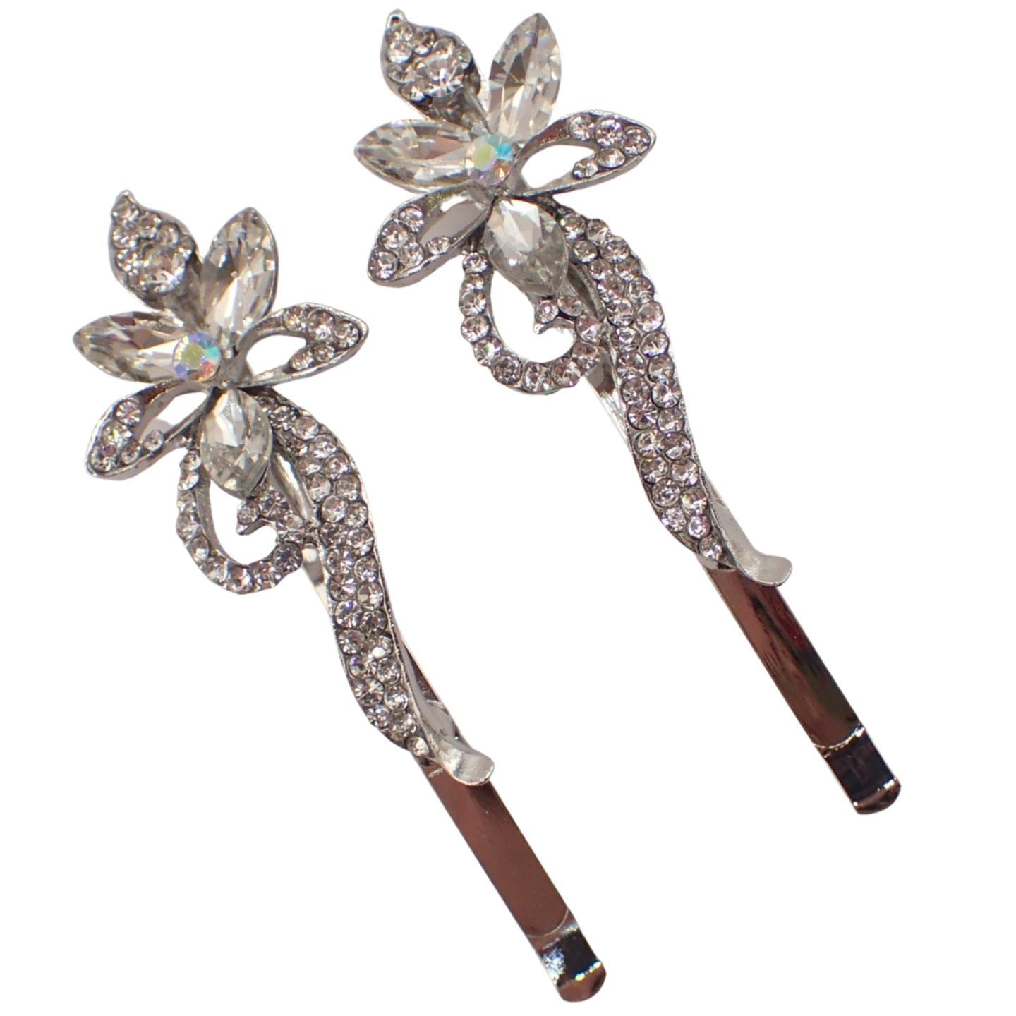 Topkids Accessories Beautiful Bejewelled Womens Hair Grips Perfect for Events, Prom, Bride or Flower Girl, Womens Hair Clip, Bobby Pins, Kirby Grip Accessory (Floral Crystal Stone Design)