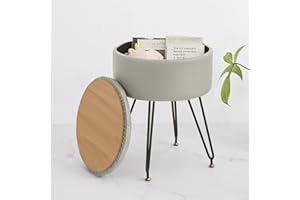 ALeesing Vanity Stool, Leather Ottoman Make Up Stool with Large Storage, Round Footrest Footstools with 4 Metal Legs & Adjustable Footings for Living Room Bedroom Entryway-Grey