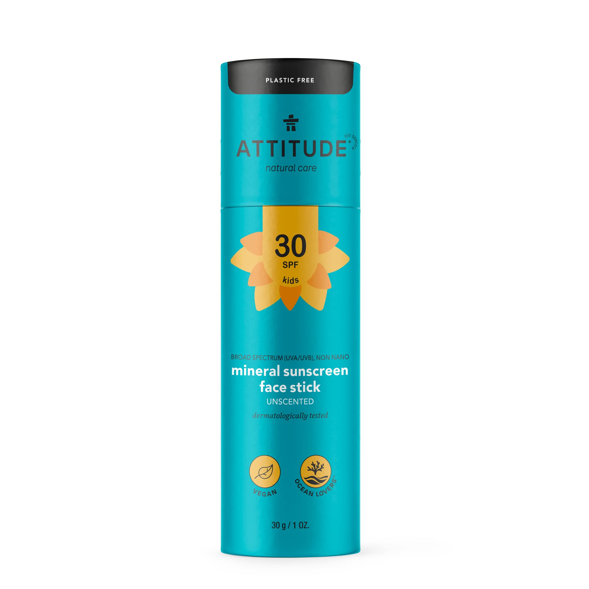 ATTITUDE Face Sunscreen Stick SPF 30, Plastic-Free Waterless, Plant and Mineral-Based Ingredients, Vegan Sun Care Products, Unscented, 30 grams