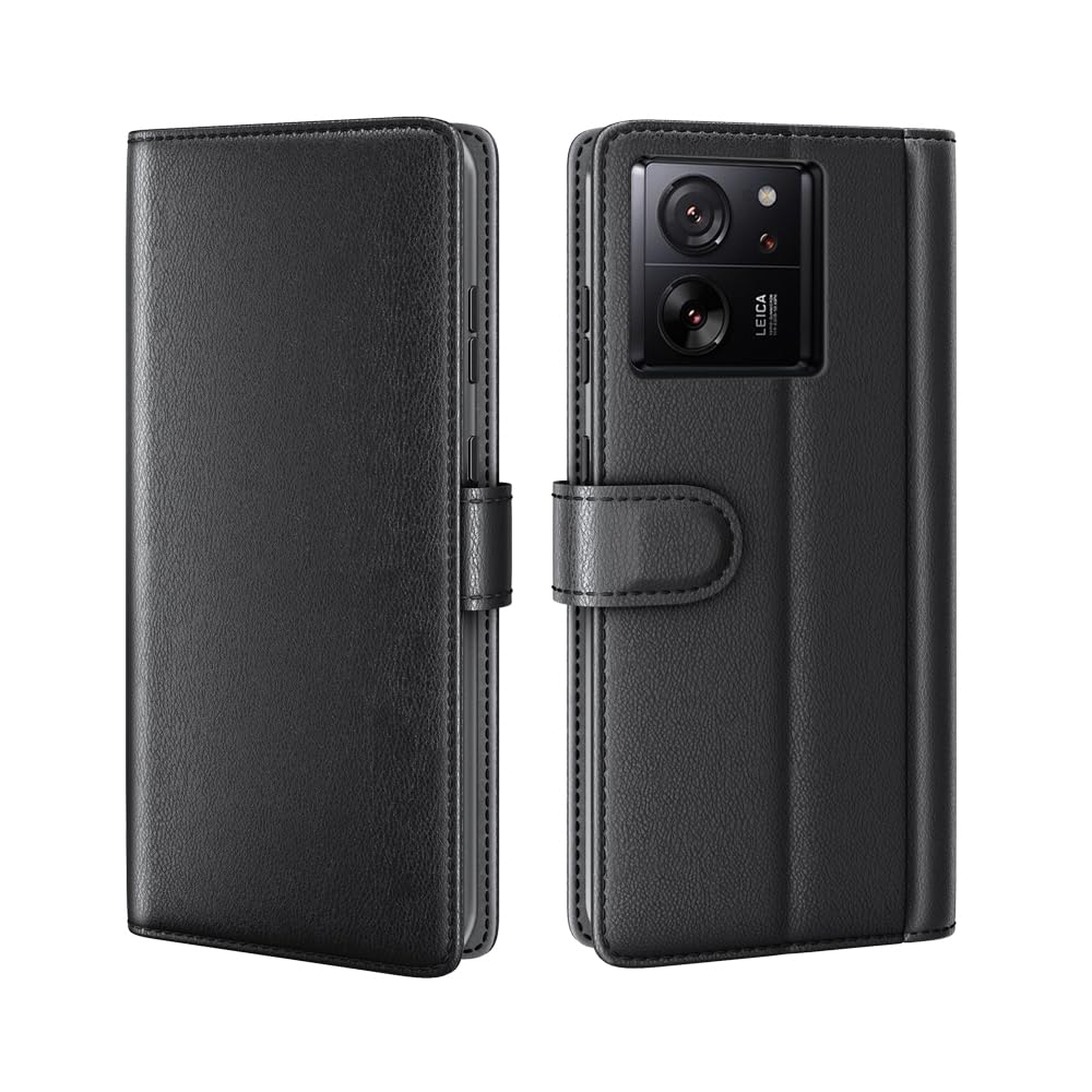 COQUE case for Xiaomi 13T Pro Shell,Real Cowhide Flip Cover with Card Slot Leather Case for Xiaomi 13T Pro-Black