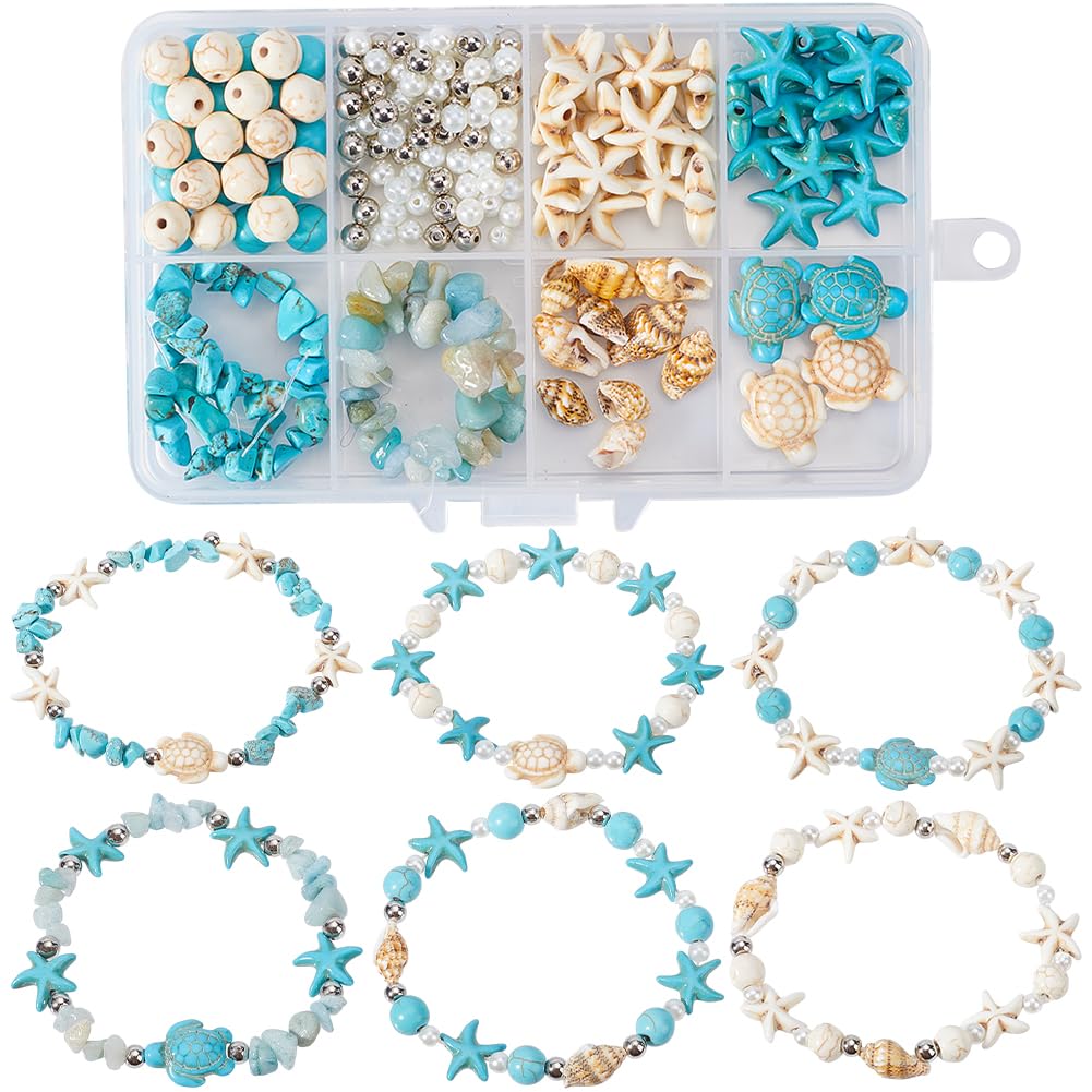 SUNNYCLUE 1 Box 6 Sets Summer Bracelets Making Kit Starfish Sea Turtle Bead Ocean Animal Beads Lucky Turquoise Bead Bulk Gemstone Chips Shell Charms for jewellery Making Kits Adults Craft Supplies