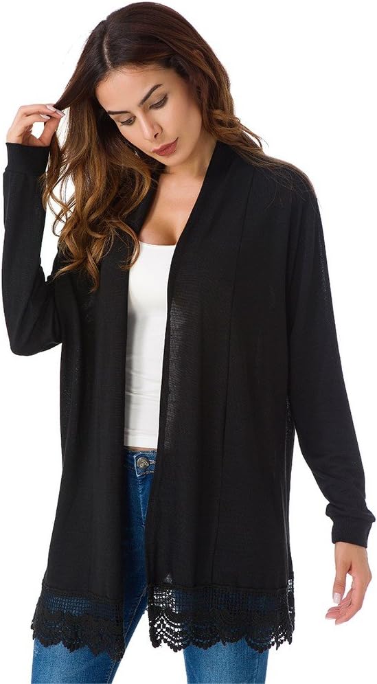 Myobe Women's Elegant Black Lacy Splicing Sweater Cardigan Long Sleeve Open Front Knitted Cardigan Plus Size Cover Up