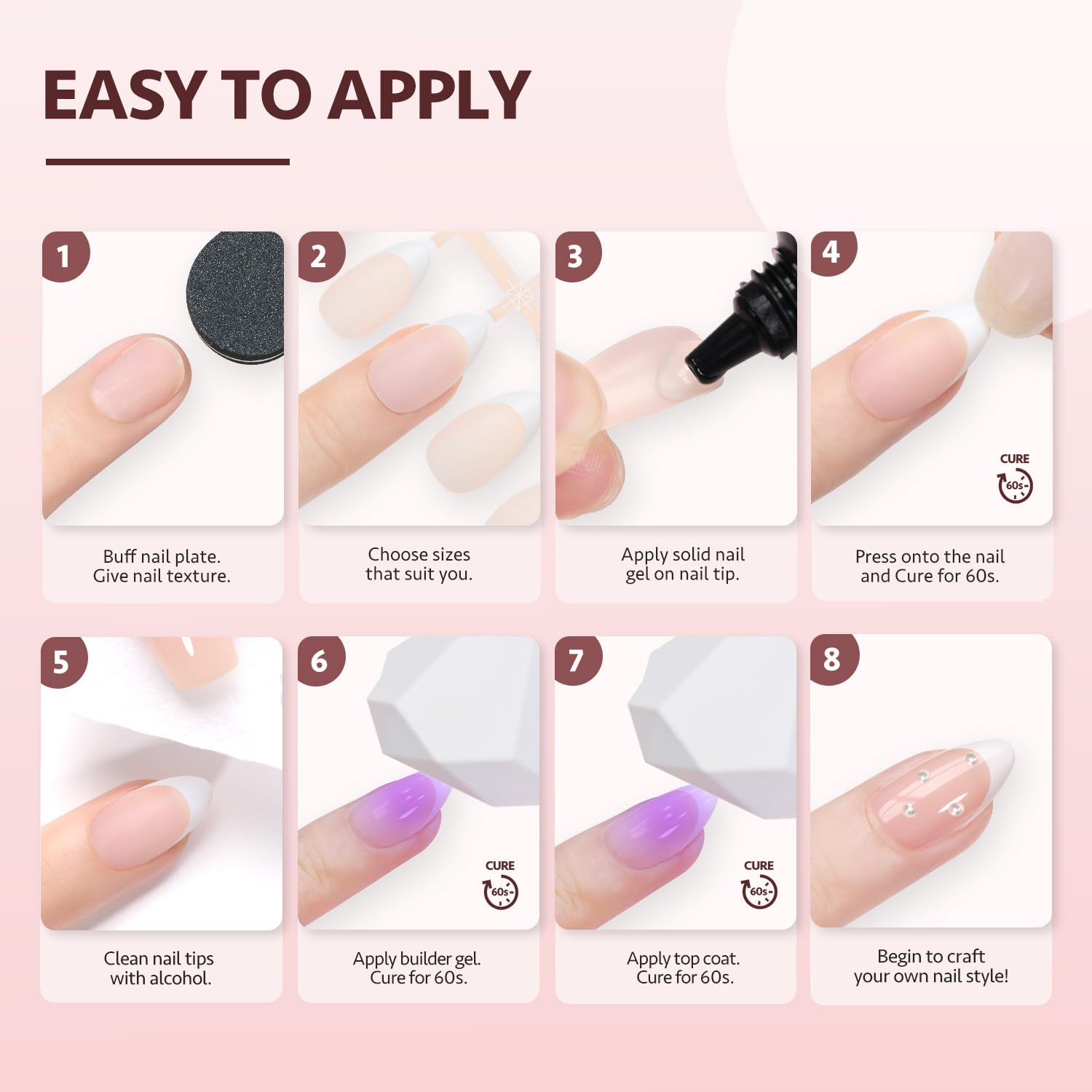 GAOY Black French Gel Nail Tips, 240Pcs Press on Nails Natural Nude Medium Almond, Pre-applied Primer and Base Coat Cover, 15 Sizes Pre-filed Fake Tips for Extension - Image 6