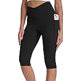CHALLMOTI Women's Knee Length Capri Leggings with Pockets Yoga Workout Capris Pants Stretch for Running Casual