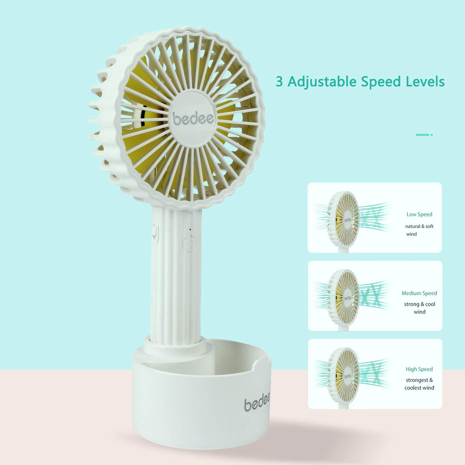 bedee Hand Held Fans Battery Operated, Mini Fan Portable, USB Rechargeable, 3 Speed Adjustable, Small, Light, usb desk fan silent Detachable Ideal For Table Pc Room Office Outdoor Travel