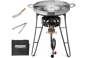ROVSUN 23" Concave Comal Set with 80,000BTU Propane Stove, Stainless Steel Discada Disc Cooker with Burner Stand for Backyard & Outdoor Cooking, Taco Para Cocinar Carnitas Tortillas Stir Fry Wok