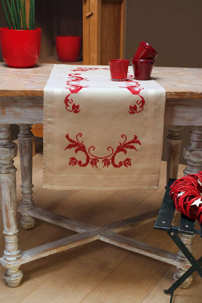 Vervaco Embroidery: Runner: Red Leaf Design, 100% Cotton, Multi-Colour, 40 x 2 x 20 cm