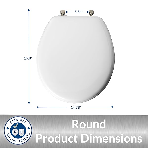 MAYFAIR 844BN 000 TOILET SEAT WITH BRUSHED NICKEL HINGES WILL NEVER COME LOOSE, ROUND , WHITE, 1 PACK – ROUND