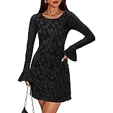 ZESICA Long Sleeve Mini Dresses for Women Spring Mesh Floral Crewneck Bodycon Wedding Guests Cocktail Party Short Dress